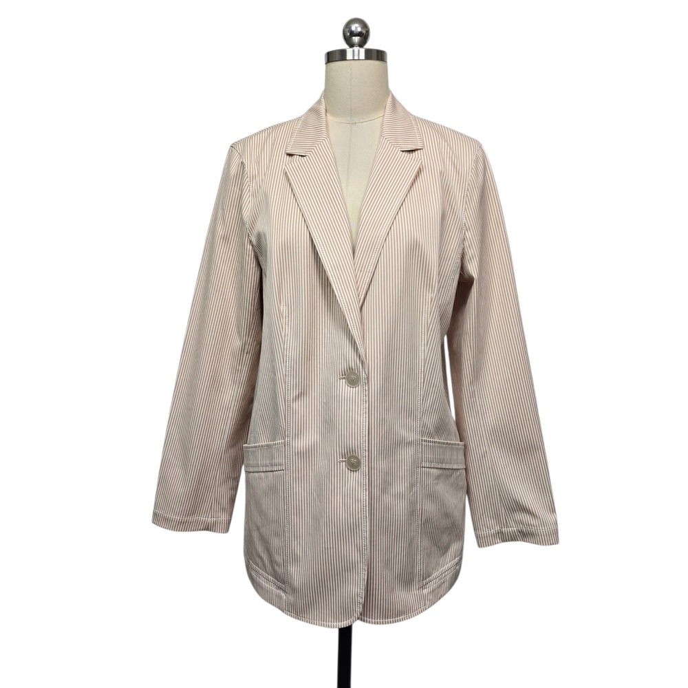 Lafayette 148 New‎ York Tan White Striped Cotton Blazer Jacket Size 12